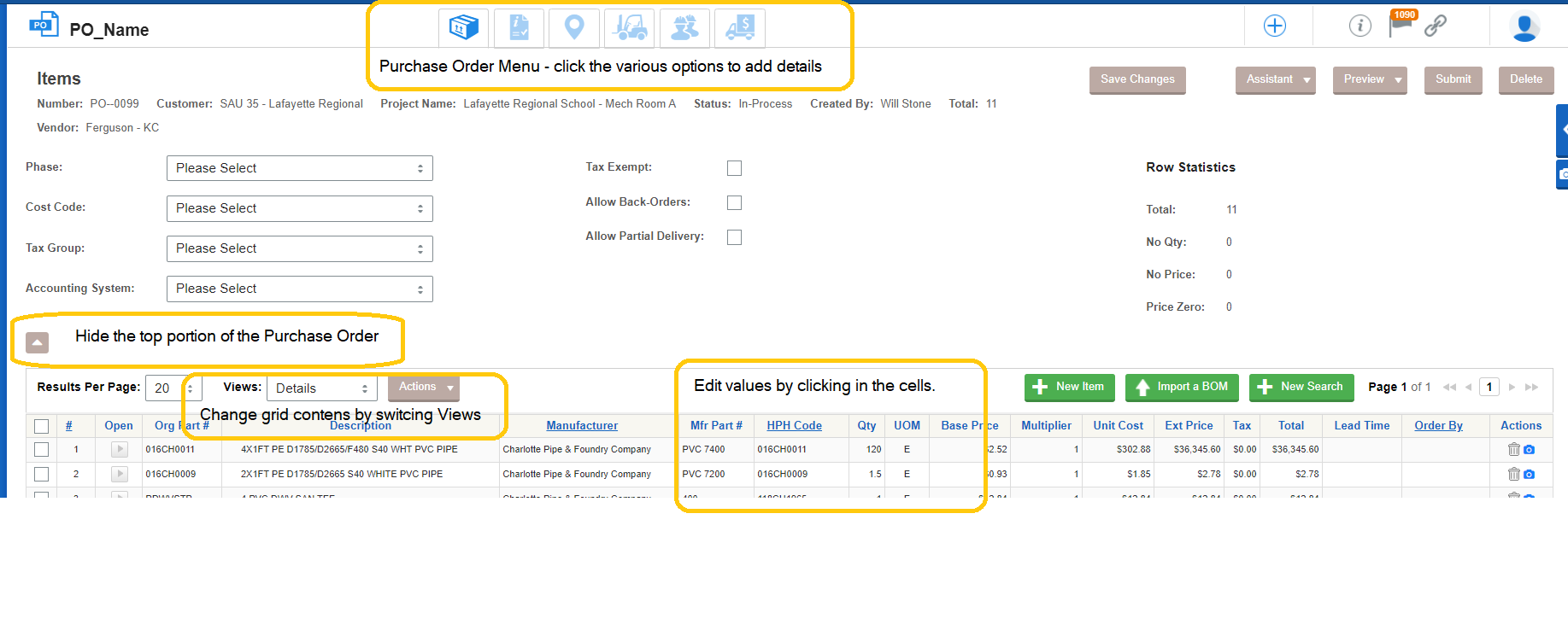 3 PO Page hide view and qty tips