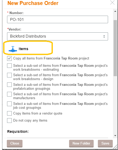 POfromPRJ Item selection